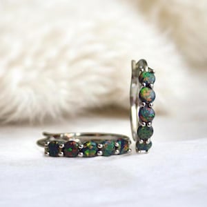 Black Opal Hoop Earrings Silver, Opal Earrings, Opal Jewelry, Small Medium Gemstone Hoops, Lab Created Opal,October Birthstone Gift for Her