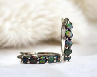 Black Opal Hoop Earrings Silver, Opal Earrings, Opal Jewelry, Small Medium Gemstone Hoops, Lab Created Opal,October Birthstone Gift for Her