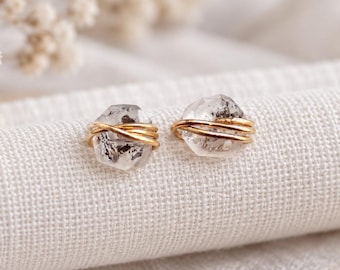 Herkimer Diamond Stud Earrings, Raw Crystal Earrings, Gold Wire Wrapped Gemstone Studs, Dainty Quartz Earrings, April Birthstone Jewelry