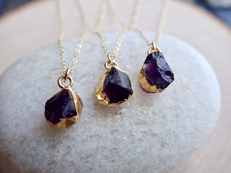 Dainty Raw Amethyst Necklace, Tiny Gemstone Pendant Necklace, Amethyst Jewelry, Gold Edge Gemstone,Gold Fill Chain Necklace,Birthstone Charm image 2