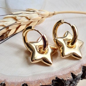Gold Star Earrings, Gold Charm Hoops, Gold Dangle Hoops, Puffy Balloon Star Earrings, WATERPROOF Jewelry, Non Tarnish PVD Stainless Steel image 9