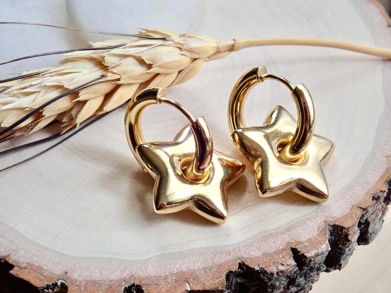 Gold Star Earrings, Gold Charm Hoops, Gold Dangle Hoops, Puffy Balloon Star Earrings, WATERPROOF Jewelry, Non Tarnish PVD Stainless Steel image 9