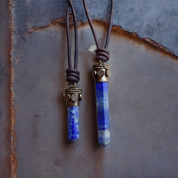 Lapis Lazuli Mens Pendant Necklace, Mens Crystal Point Necklace,Mens Necklace,Man Stone Necklace,Mens Leather Cord Necklace,Gift for Husband