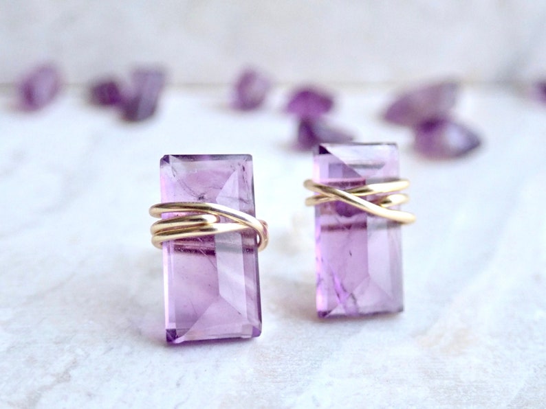 Amethyst Stud Earrings, Minimal Crystal Bar Earring, Wire Wrapped Gemstone ,Amethyst Jewelry,Sterling Silver Studs image 1