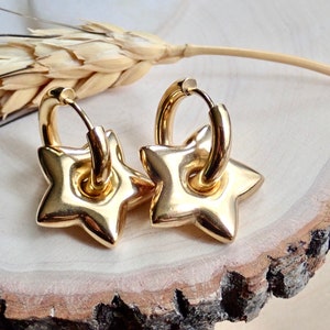 Gold Star Earrings, Gold Charm Hoops, Gold Dangle Hoops, Puffy Balloon Star Earrings, WATERPROOF Jewelry, Non Tarnish PVD Stainless Steel image 7