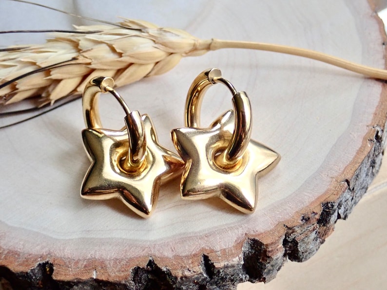 Gold Star Earrings, Gold Charm Hoops, Gold Dangle Hoops, Puffy Balloon Star Earrings, WATERPROOF Jewelry, Non Tarnish PVD Stainless Steel image 7