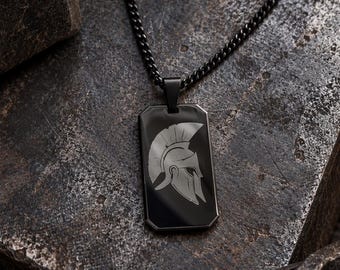 Men’s Spartan Helmet Necklace, Greek Warrior Pendant, Black Dog Tag Necklace, Ancient Greek Jewelry, Odyssey Laser Engraved Gift for Men