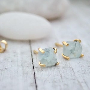 Tiny Aquamarine Birthstone Earrings, Raw Aquamarine Studs, Handmade Birthstone Jewelry, Rough Crystal Earrings, Dainty Gemstone Earrings image 5