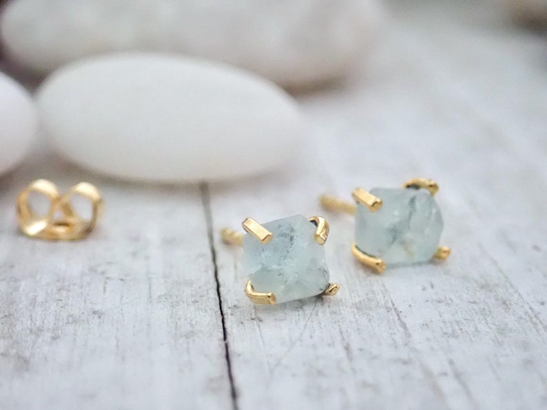 Tiny Aquamarine Birthstone Earrings, Raw Aquamarine Studs, Handmade Birthstone Jewelry, Rough Crystal Earrings, Dainty Gemstone Earrings image 5