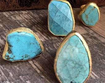 Turquoise Ring,Raw Stone Ring,Turquoise Gold Adjustable Ring,Large Turquoise Ring,Gold Turquoise Ring,Statement Ring,Boho Ring,Rustic Ring