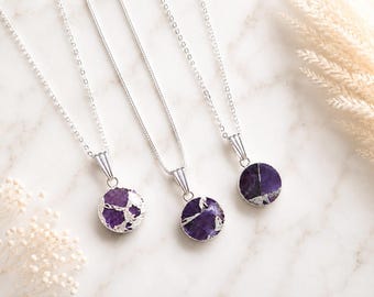 Amethyst Birthstone Necklace, Purple Gemstone Coin Pendant, February Birthstone Gift, Dainty Minimalist Jewelry, Birthday Gift for Her