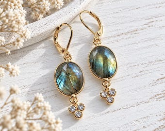 Labradorite Earrings Gold, Blue Flash Labradorite Dangle, Gemstone Drop Earrings, Boho Charm Earrings, Labradorite Jewelry