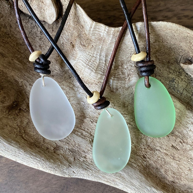 Sea Glass Necklace Beach Glass Necklace Mens Leather Etsy