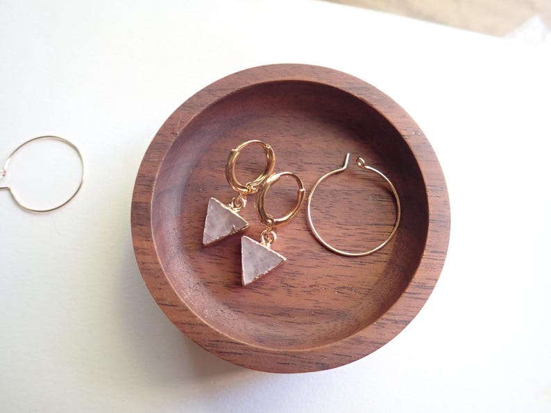 Rose Quartz Hoop Earrings, Geometric Gemstone Gold Hoop Earrings, Triangle Charm Hoops, Pink Crystal Earrings, Minimalist Gift for Her image 5