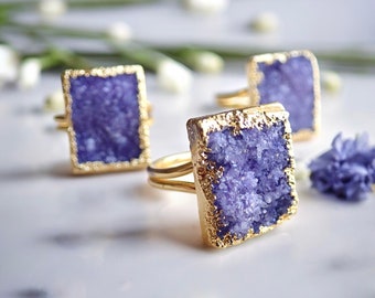 Druzy Agate Ring Gold, Raw Gemstone Statement Ring,Rectangle Purple Drusy Crystal Ring,Adjustable Statement Ring,Druzy Jewelry,Amethyst Ring