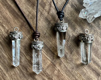 Pendant Cord Necklace, Mens Crystal Pendant Necklace,Men's Necklace,Man Stone Necklace,Mens Leather Necklace,Himalayan Quartz Necklace