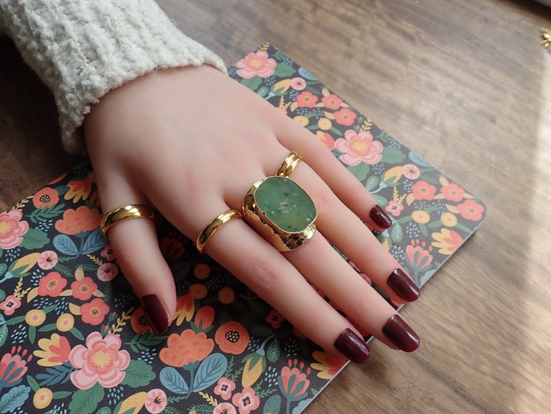 Jade Ring Gold, Chrysoprase Ring, Gold Statement Ring, Green Stone Cuff Ring, Large Jade Ring, Gold Jade Ring, Adjustable Wide Band Ring image 6