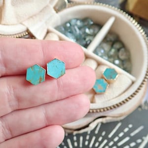 Turquoise Studs Earrings, Turquoise Earrings, Turquoise Jewelry, Raw STone Earrings, Dainty Turquoise Earrings, Genuine Turquoise Hexagons image 4