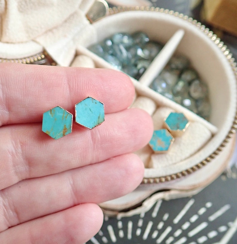 Turquoise Studs Earrings, Turquoise Earrings, Turquoise Jewelry, Raw STone Earrings, Dainty Turquoise Earrings, Genuine Turquoise Hexagons image 4