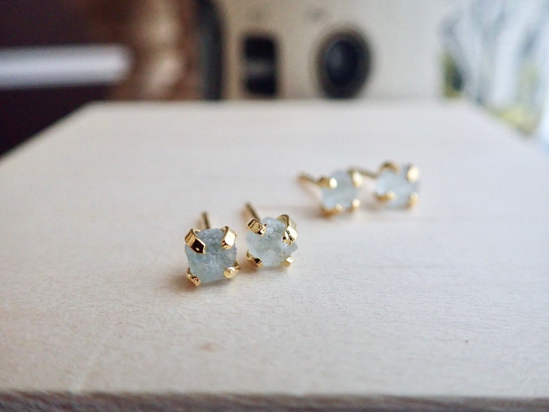 Tiny Aquamarine Birthstone Earrings, Raw Aquamarine Studs, Handmade Birthstone Jewelry, Rough Crystal Earrings, Dainty Gemstone Earrings image 4