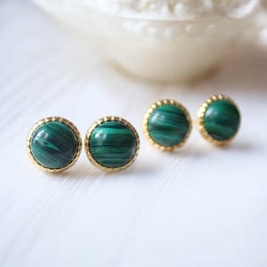 Malachite Stud Earrings Gold  • Green Gemstone Posts • Malachite Jewelry • Small Round Stackable Earrings, Malachite Jewelry, Gift for Her