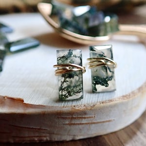 Moss Agate Gemstone Stud Earrings, Sterling Silver or Gold Filled, Minimal Bar Earring,Faceted Wire Wrapped Baguette Post,Moss Agate Jewelry image 7
