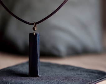 Men's Leather Stone Necklace,Obsidian Necklace Men,Leather Necklace for Men,Black Stone Pendant,Man Necklace Rectangle Stone,Mens Jewelry