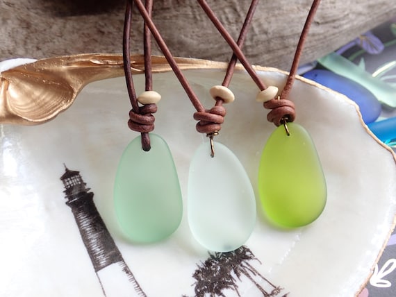 Sea Glass Necklace, Cord Pendant Necklace, Beach Glass Necklace