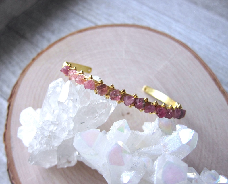Dainty Gemstone Cuff Bracelet, Pink Tourmaline Bracelet, Natural Gemstone Bangle, Pink Crystal Bracelet, Gift for Gem Lovers, Gift for Girls image 7