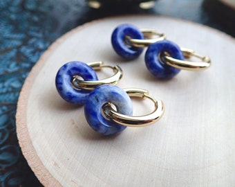 18k Gold Waterproof Gemstone Hoop Earrings, Natural Stone Gold Hoop Earrings, Small Thick Huggie Donut Hoops, Lapis Lazuli Jewelry
