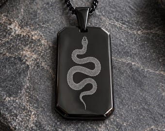 Men’s Snake Necklace, Black Dog Tag Necklace, Laser Engraved Serpent Pendant, Black Stainless Steel Necklace, Snake Jewelry for Men
