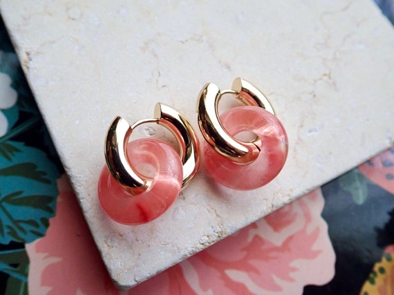 Pink stone hoop best sale earrings