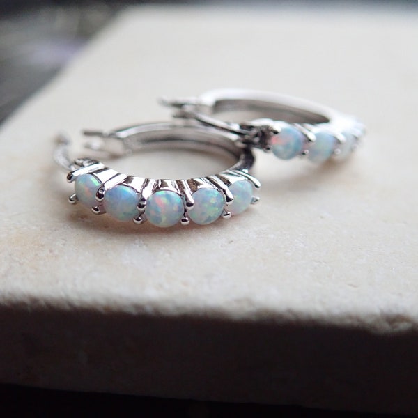 Opal Hoop Earrings, Opal Earrings, Opal Jewelry, Silver Opal Huggie Hoops, Silver Hoops with Opal,October Birthstone Gift,Gemstone Hoops