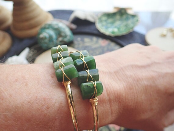 Wire wrapped Jade Bracelet raw Gemstone Cuff Jade Stone Bracelet