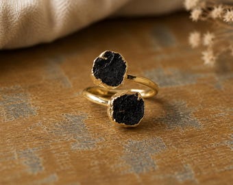 Raw Black Tourmaline Open Wrap Ring – Adjustable Gold Ring with Double Black Gemstones – October Birthstone Jewelry, Tourmaline Jewelry Gift