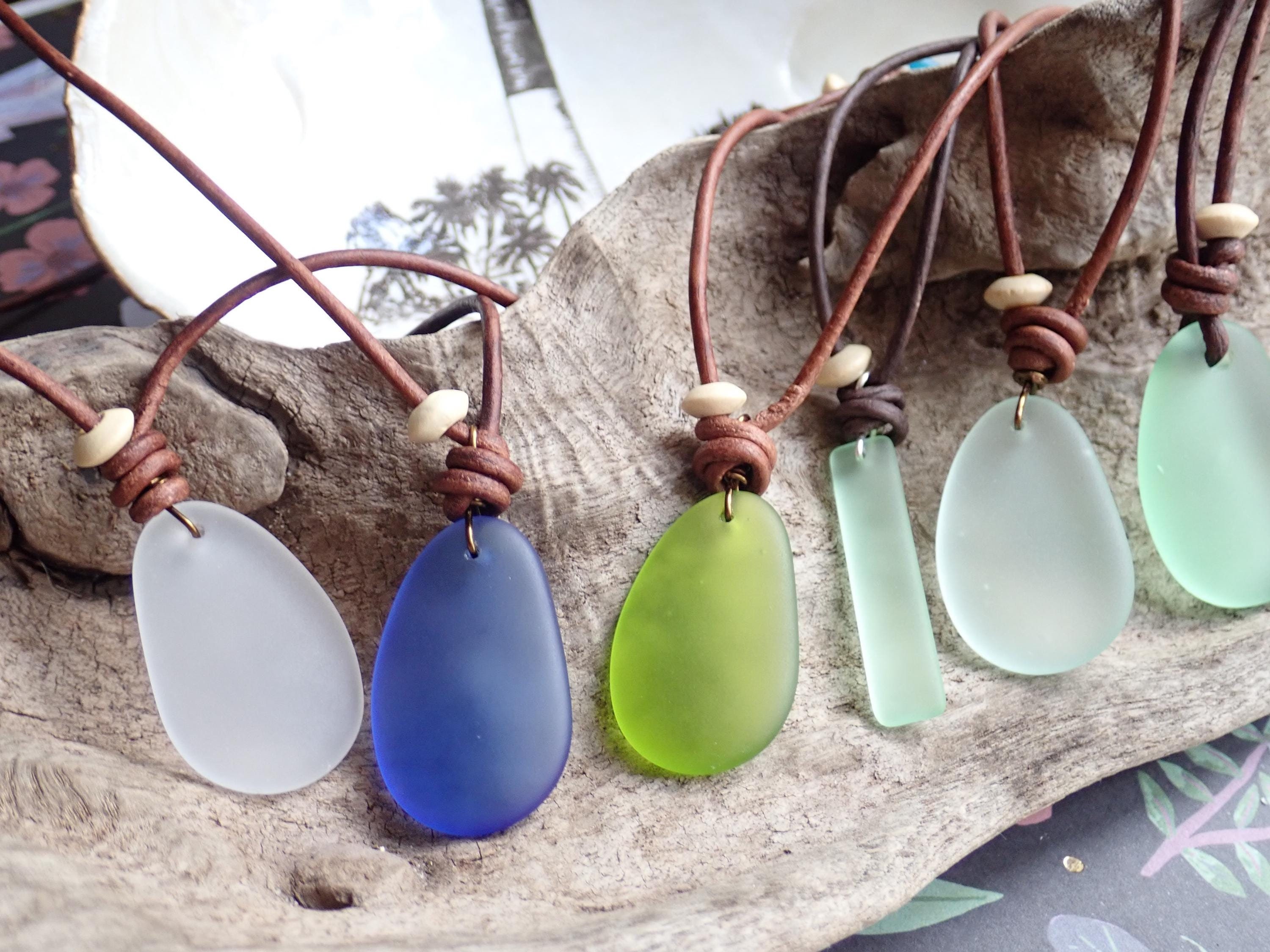 Sea Glass Necklace, Cord Pendant Necklace, Beach Glass Necklace