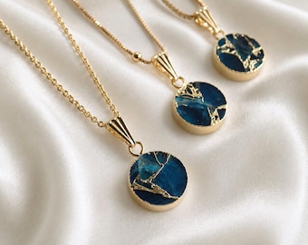 Teal Gemstone Kintsugi Necklace Gold, Round Stone Coin Pendant, Ocean Blue Jewelry, Dainty Minimalist Boho Necklace, Birthday Gift for Her