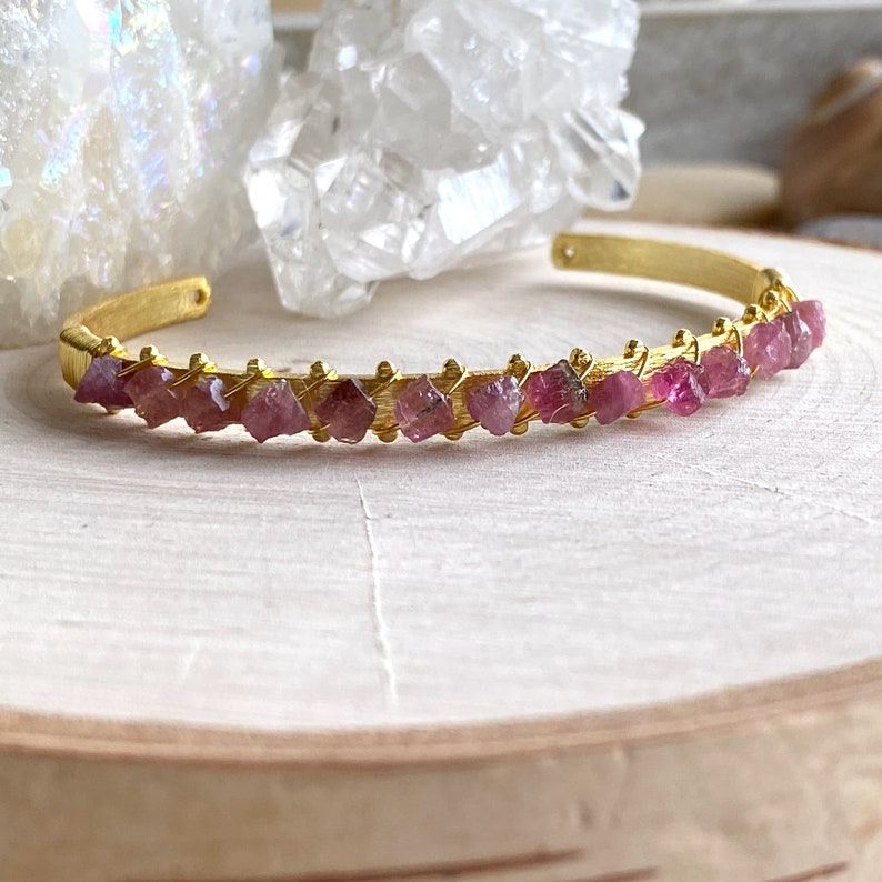 Dainty Gemstone Cuff Bracelet, Pink Tourmaline Bracelet, Natural Gemstone Bangle, Pink Crystal Bracelet, Gift for Gem Lovers, Gift for Girls image 3