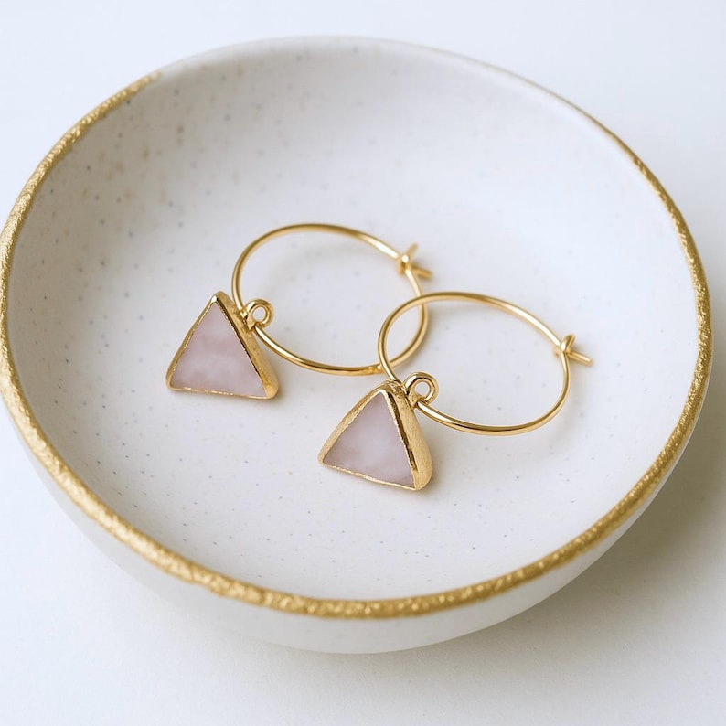 Rose Quartz Hoop Earrings, Geometric Gemstone Gold Hoop Earrings, Triangle Charm Hoops, Pink Crystal Earrings, Minimalist Gift for Her image 1