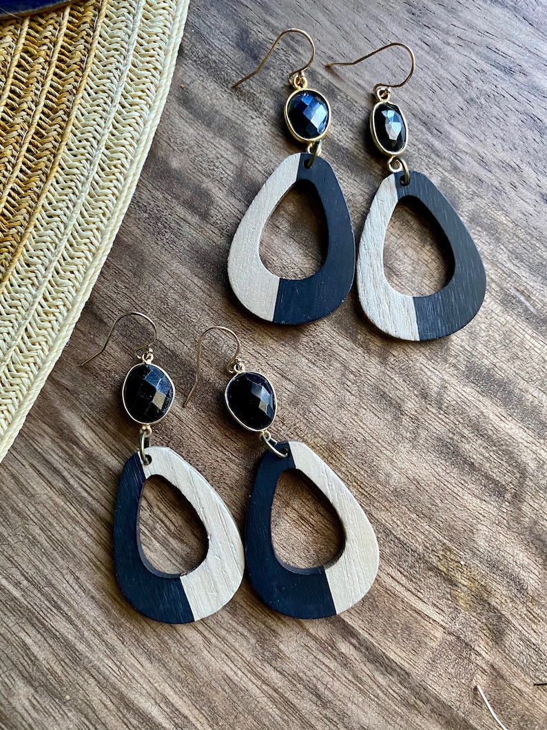 Lightweight Statement Earrings Wood Dangle Earrings Black Stone Earrings