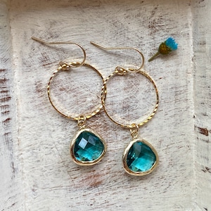 Gold Hoop Earrings Gemstone Dangle, Teal Green Crystal Earrings,  Crystal Drop Earrings,Crystal Teardrop Hoop Earrings, Gift for Her