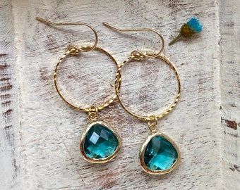 Teal Crystal Earrings, Peacock Green Earrings, Teal Crystal Hoops, Crystal Drop Earrings,Crystal Hoop Earrings, Earrings Gift for Wife