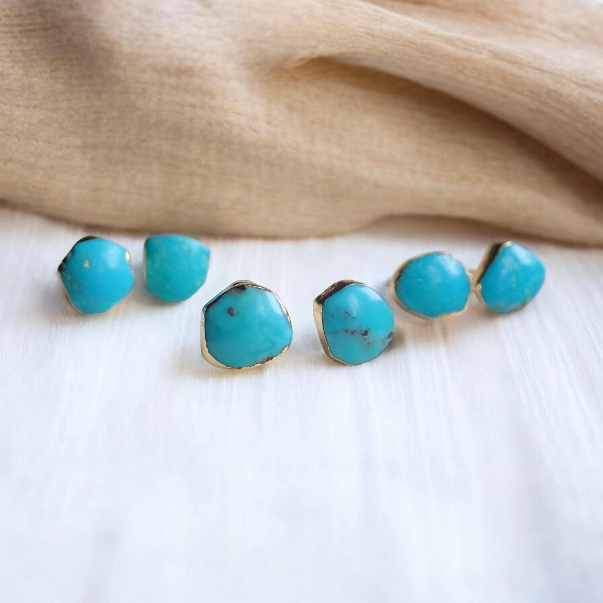 Genuine Turquoise Stud Earrings Gold, Gemstone Post Earrings, Turquoise Jewelry, December Birthstone Gift for Her, Southwest Boho Studs