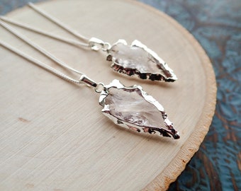 Clear Crystal Quartz Necklace, Raw Crystal Pendant Necklace, Silver Gemstone Necklace, Arrowhead Layering Necklace, Quartz Crystal Jewelry