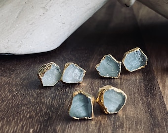 Raw Aquamarine Stud Earrings, Natural Gemstone Earrings, March Birthstone Gift, Aquamarine Jewelry, Birthstone Jewelry, Bridesmaid Gift Gold