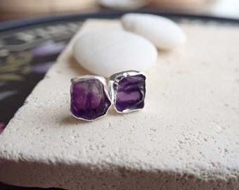 Amethyst Earrings, Silver Amethyst Stud Earrings,February Birthstone Gift,Purple Gemstone Crystal Earrings, Raw Amethyst Jewelry