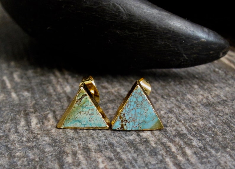 Turquoise Studs Earrings, Triangle Raw Gemstone Earrings, Minimalist Jewelry, December Birthstone, Gold Raw Stone Earrings, Dainty Turquoise image 6