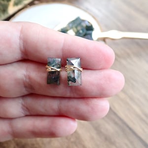 Moss Agate Gemstone Stud Earrings, Sterling Silver or Gold Filled, Minimal Bar Earring,Faceted Wire Wrapped Baguette Post,Moss Agate Jewelry image 8