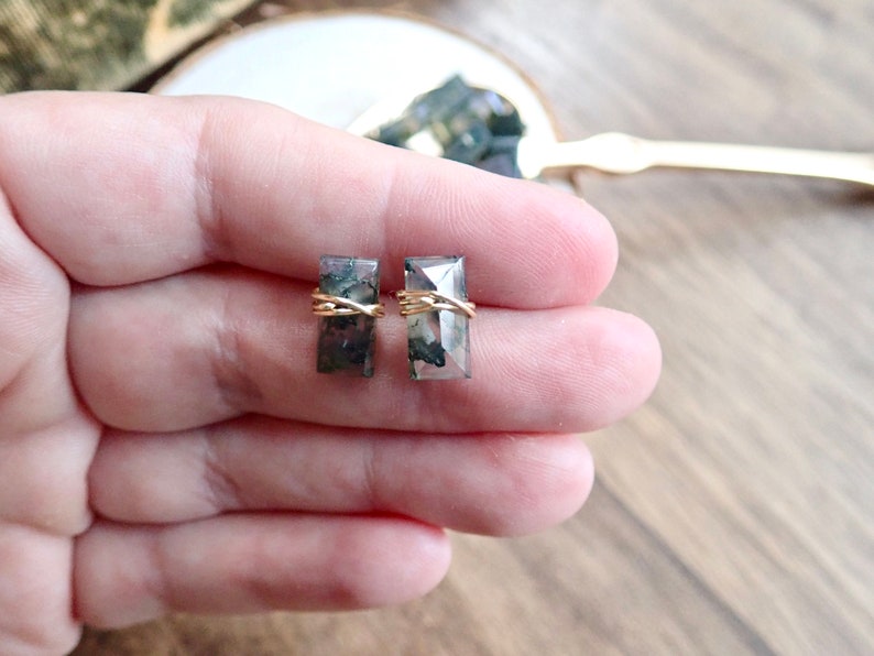 Moss Agate Gemstone Stud Earrings, Sterling Silver or Gold Filled, Minimal Bar Earring,Faceted Wire Wrapped Baguette Post,Moss Agate Jewelry image 8