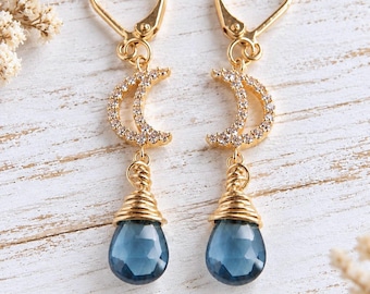 Genuine London Blue Topaz Dangle Earrings,  November Birthstone Jewelry, Blue Gemstone Earrings Gold, Crescent Moon Celestial Earrings